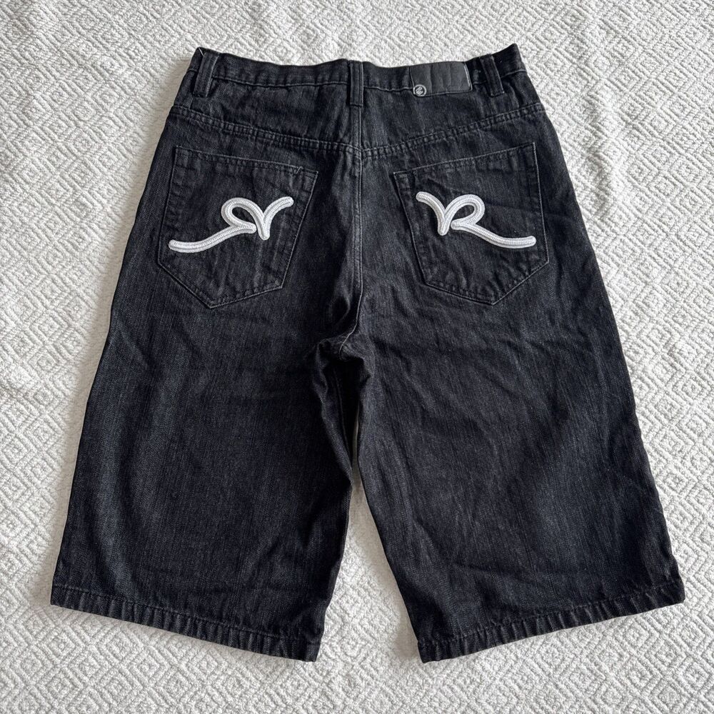Rocawear Jean Short Black Denim Baggy Y2K Hip Hop Embroidered Grunge Mens 34x14